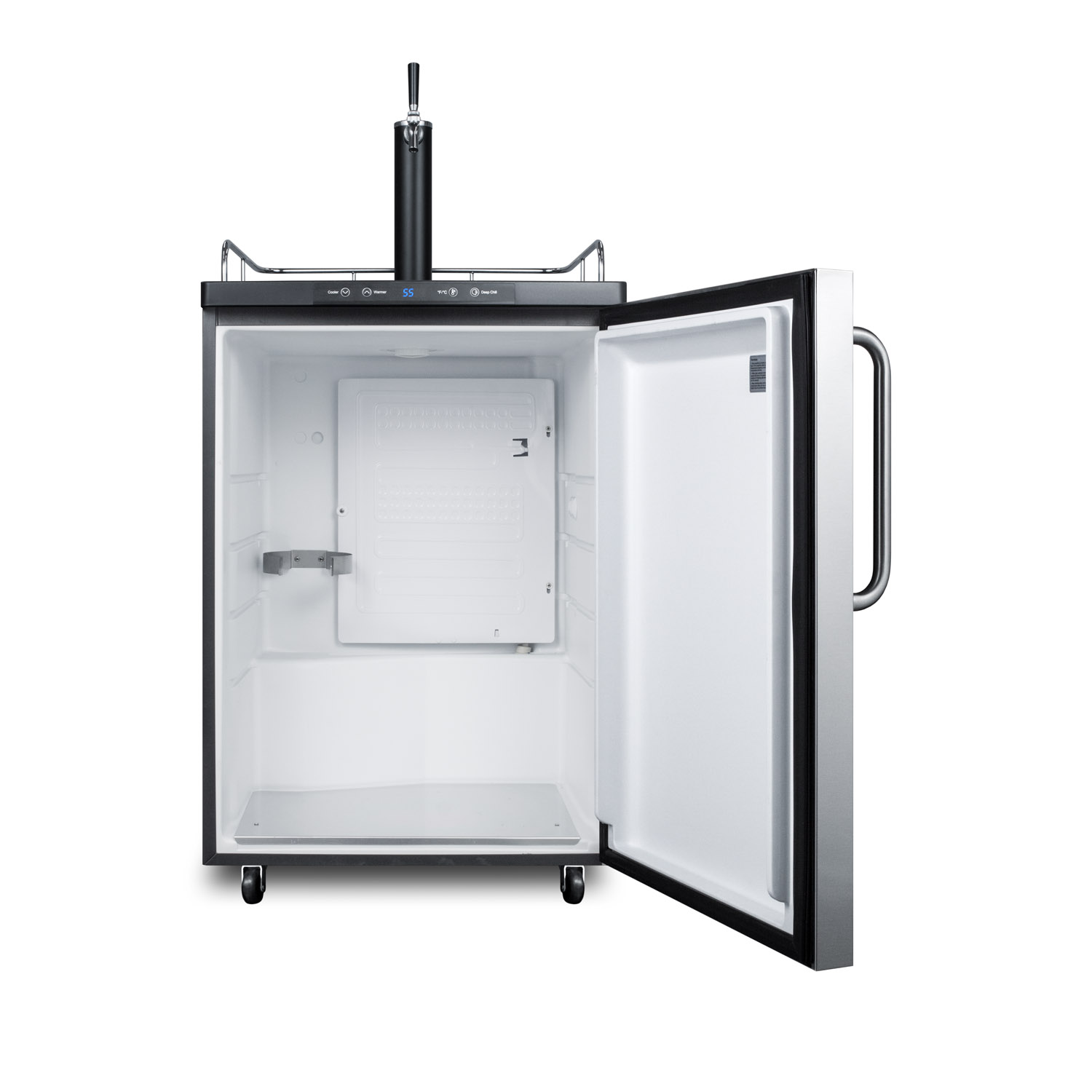 Freestanding residential beer dispenser, auto defrost with digital thermostat, stainless steel wrapped door, towel bar handle and black cabinet